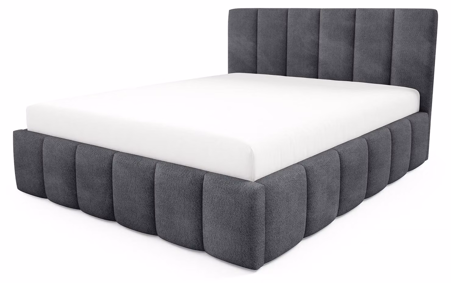 Letto imbottito con contenitore integrato, modello Nerom, finitura grafite, dimensioni 160 x 200 cm