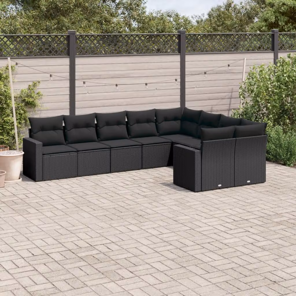 Set Divani da Giardino a L vidaXL 9 pz con Cuscini Nero in Polyrattan e Acciaio – 1