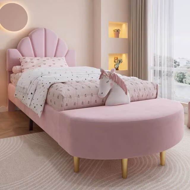 Letto imbottito REDOM in velluto rosa con panca coordinata L/P: 90 x 200 cm