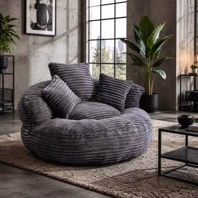 Pouf Mivray in velluto a coste grigio con schienale alto e braccioli per soggiorno, camera o sala giochi, L: 76 cm, P: 52 cm, H: 108 cm – 1