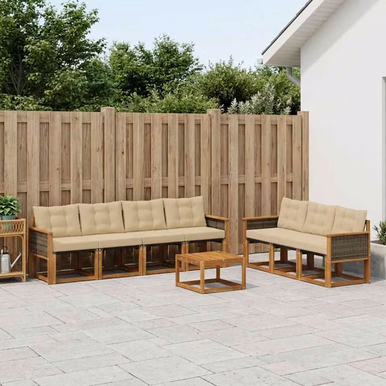 Set di divani da esterno vidaXL 8 pezzi in legno di acacia con tavolino e cuscini, colore marrone e beige