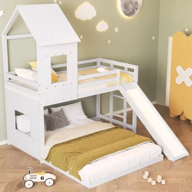 Letto a castello per bambini 3 posti 90×200 cm e 140×200 cm con scivolo, scala e barriere, senza materasso, bianco