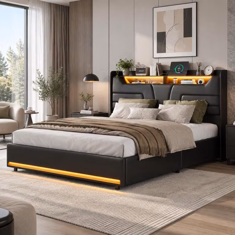 Letto imbottito INONEFT 160x200 cm con LED, letto con sistema di sollevamento idraulico e spazio contenitore, letto matrimoniale per ragazzi con spazio contenitore, testiera e funzione di ricarica USB, rivestimento in ecopelle nera