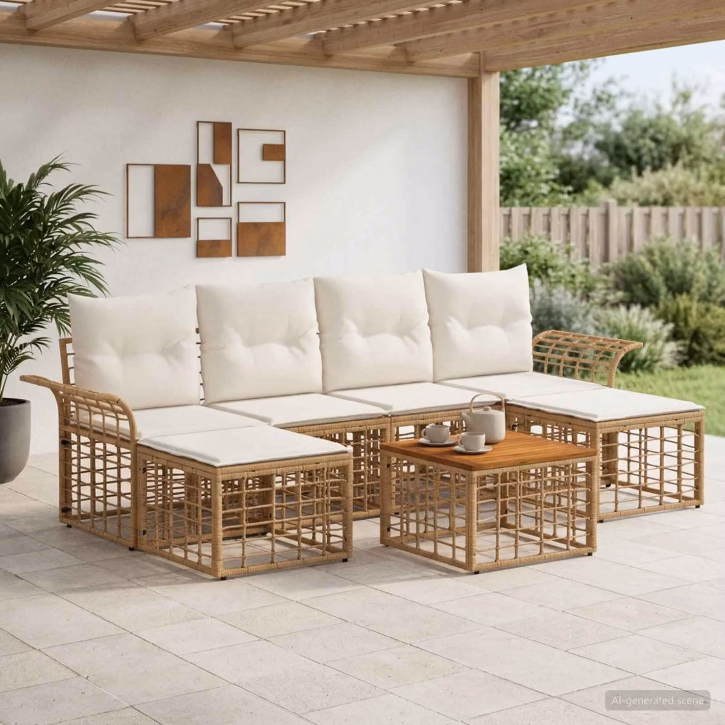 Set di divani da esterno vidaXL 7 pezzi per 6 persone in stile rustico, colore beige e bianco con struttura in metallo e cuscini inclusi