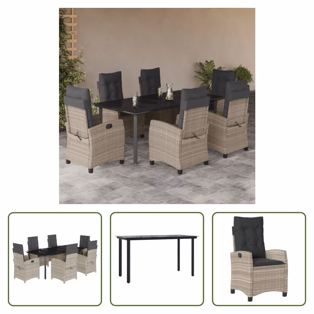 The Living Store Set da pranzo da giardino 7 pezzi con cuscini in poly rattan grigio chiaro