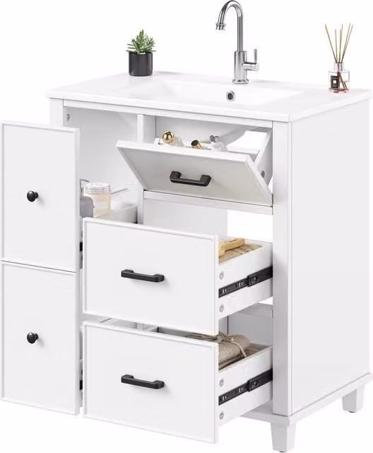 Mobile bagno a terra bianco 76 cm con lavabo in ceramica integrato antigraffio e 5 cassetti; 76.5x47x83.5 cm