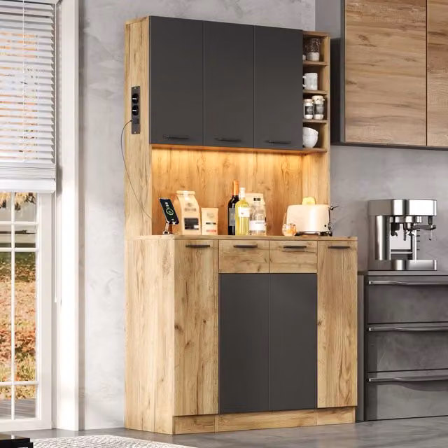 Armadio da cucina REDOM in MDF stile industrial con illuminazione integrata e ante a battente, Colore Nero/Naturale, L: 100 cm, P: 40 cm, H: 180 cm