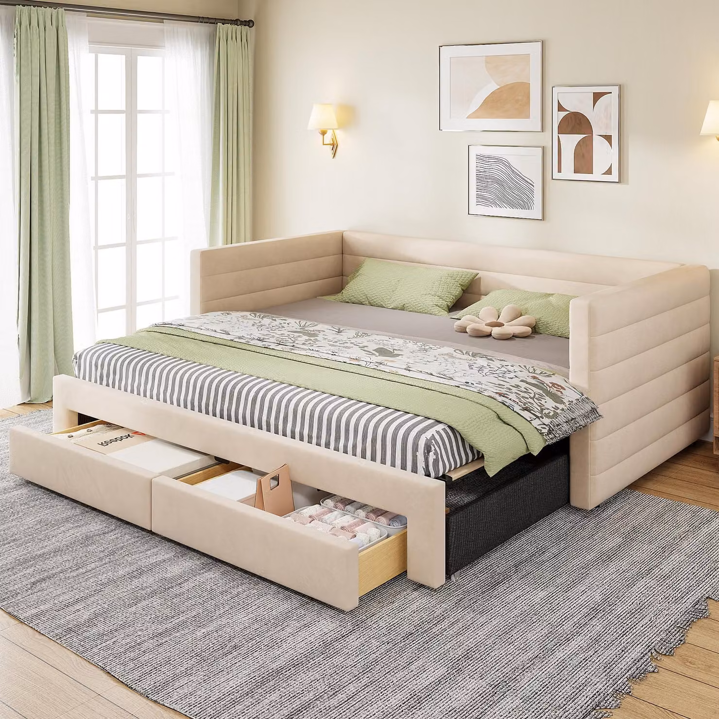 Divano letto Flieks Letto imbottito 90x190cm con letto estraibile, daybed Daybed con 2 cassetti, divano letto Letto singolo con rete a doghe, tessuto velour, beige