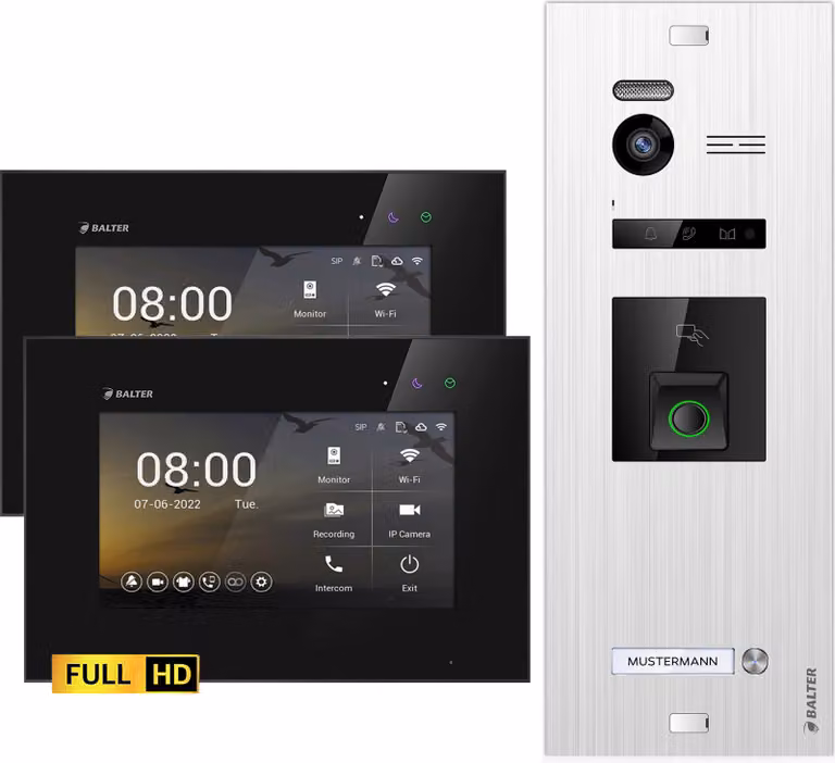 Videocitofono Balter EVO HD con impronta digitale e RFID per casa monofamiliare, 2x monitor