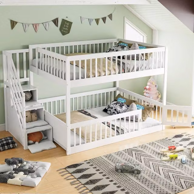 Letto a castello OKWISH per bambini in legno e MDF bianco con scala a cassetti e struttura a casetta L/P/H: 200 x 140 x 160 cm