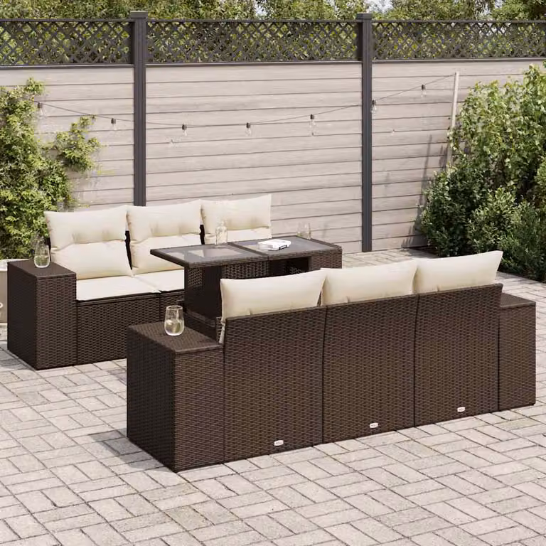 Set da giardino vidaXL in polyrattan marrone con 7 pezzi, divani a L, tavolino e cuscini bianchi