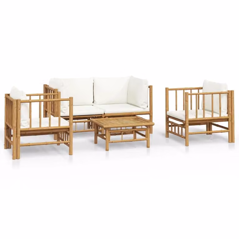 Set Salotto da Giardino 5pz con Cuscini Bianco Crema in Bambù