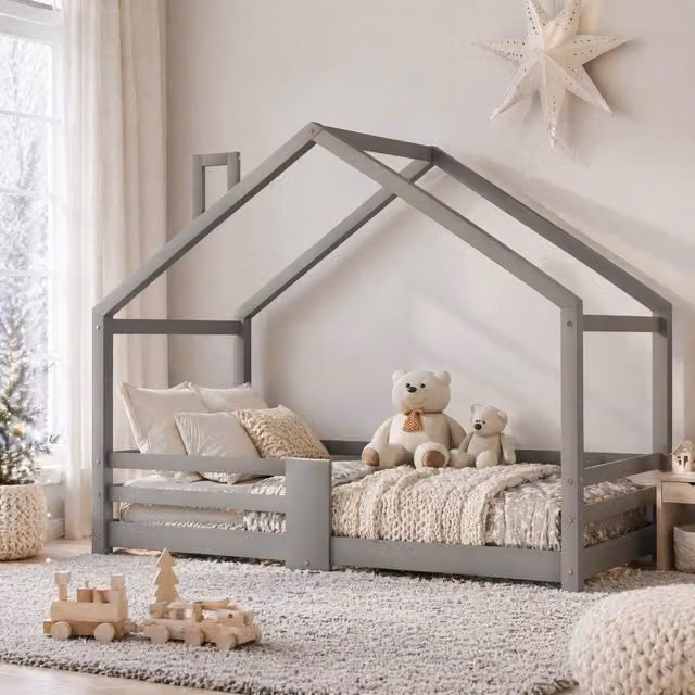 Letto Casa per Bambini in Legno di Pino Massiccio 90x200 cm con Paraspigoli e Sbarre Protettive, Grigio