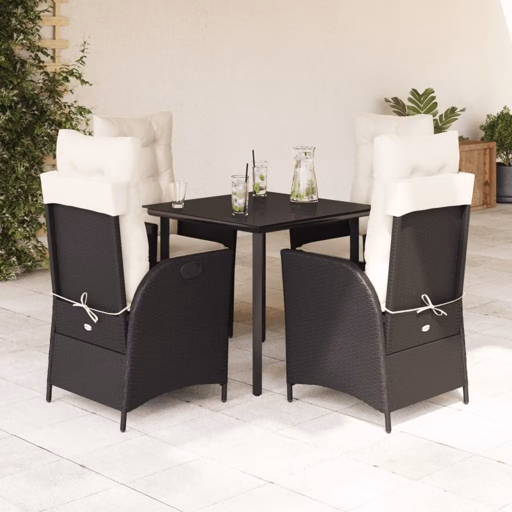 Set da Pranzo da Giardino vidaXL in Polyrattan Nero con Cuscini e Tavolo in Vetro