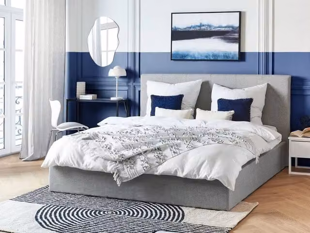 Letto matrimoniale Beliani con contenitore e testiera imbottita in tessuto grigio L/P/H: 180 x 200 x 112 cm – 1