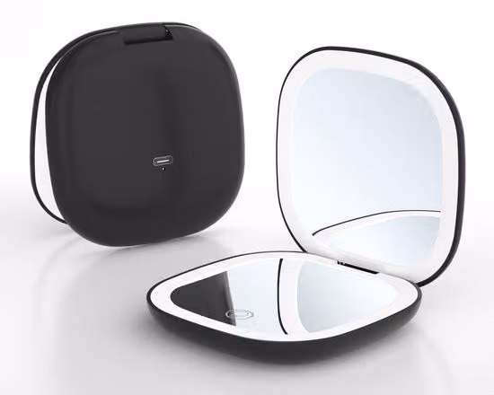 Specchio da viaggio compatto con ingrandimento 10x, illuminazione a LED, 3 livelli di luminosità, comando touch e porta USB-C – Ideale per quando si è in viaggio (nero)