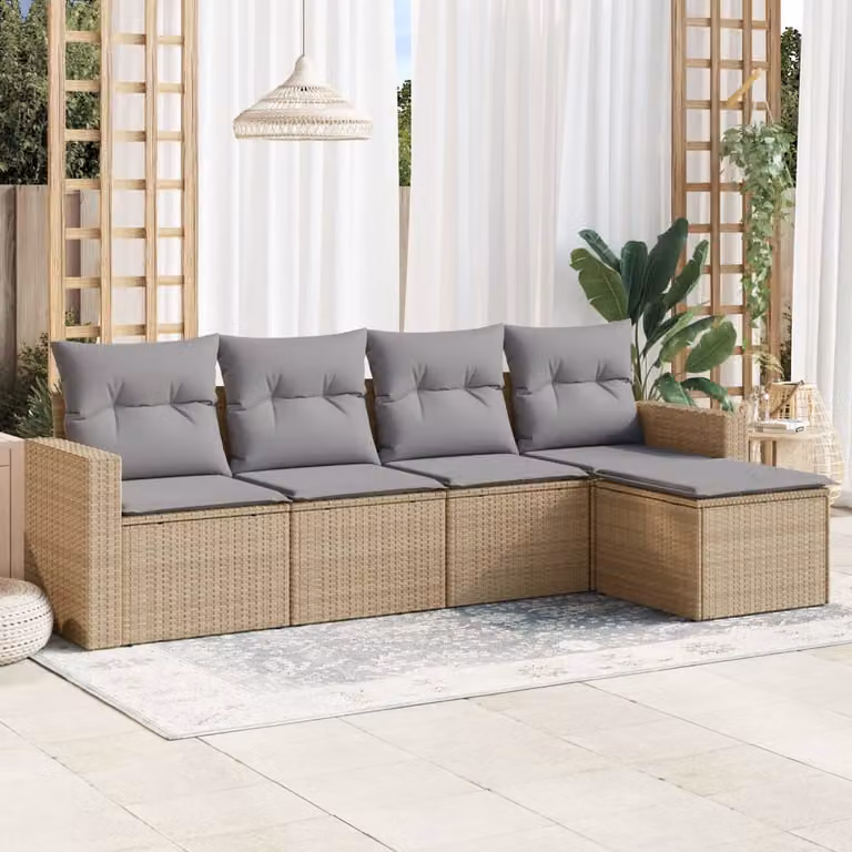 vidaXL Set Divano da Giardino a L 5 pz in Polyrattan con Cuscini Beige e Struttura in Metallo