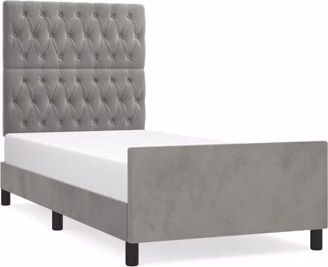 Letto singolo per adulti in velluto grigio chiaro con struttura in legno di larice e doghe fisse L/P/H: 190 x 90 x 128 cm – 1