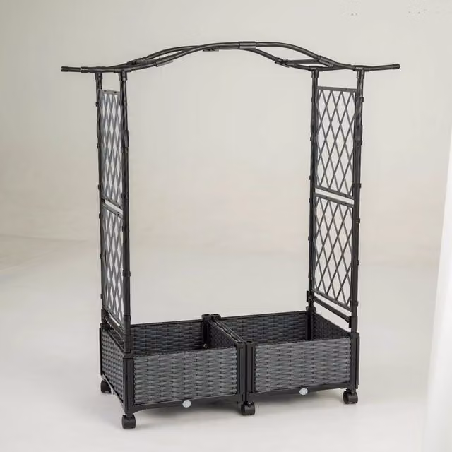 Cassetta per piante con irrigazione automatica Design Mania, letto da giardino rialzato con graticcio e tetto in rattan impermeabile, Grigio, L: 153 cm, P: 147 cm, H: 40 cm