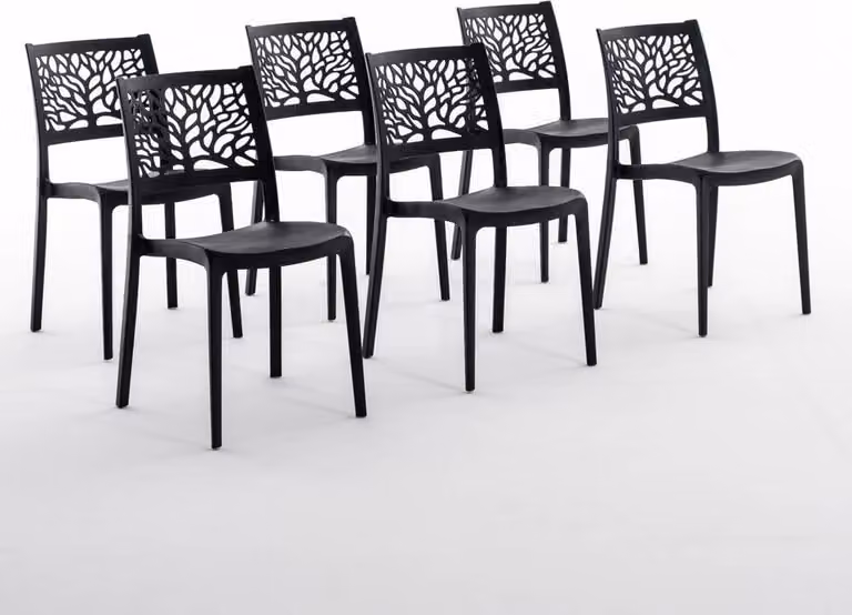 set di 6 sedie impilabili in polipropilene con fibra di vetro per uso esterno e giardino, bar e ristorante, cucina design moderno - FLORA - Nero