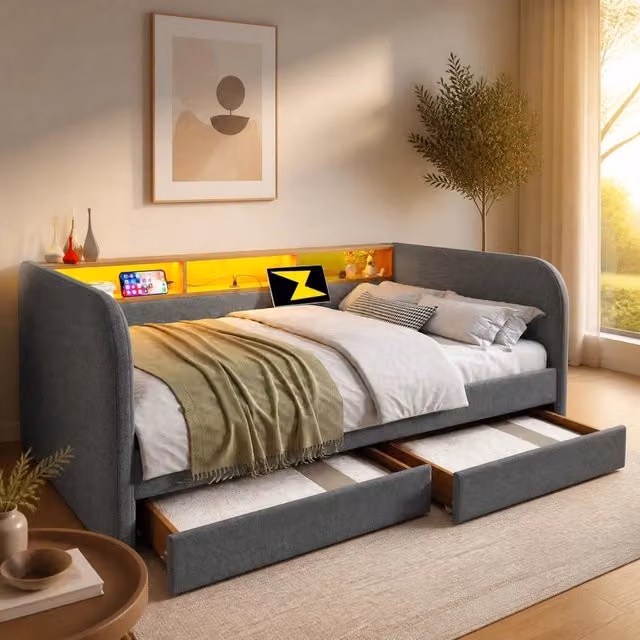 Letto imbottito 140x190 cm grigio con LED, USB-C, 2 cassetti e testiera contenitore