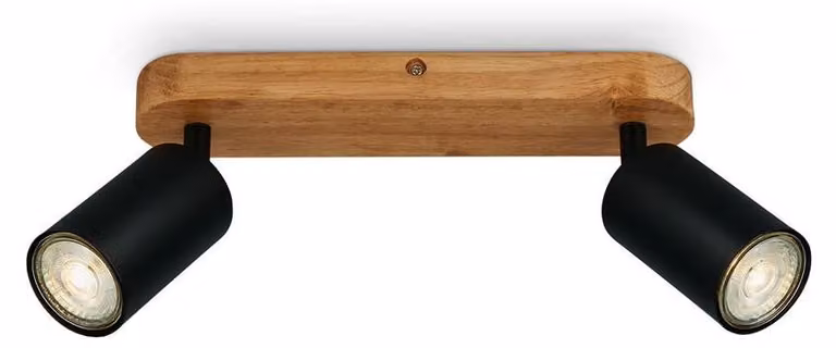 BRILONER - Lampada da soffitto retrò con legno, lampada da soffitto vintage a 2 lampade, 2x attacco GU10, spot LED regolabile, spot da soffitto rustico, nero-legno, 270x60x85 mm