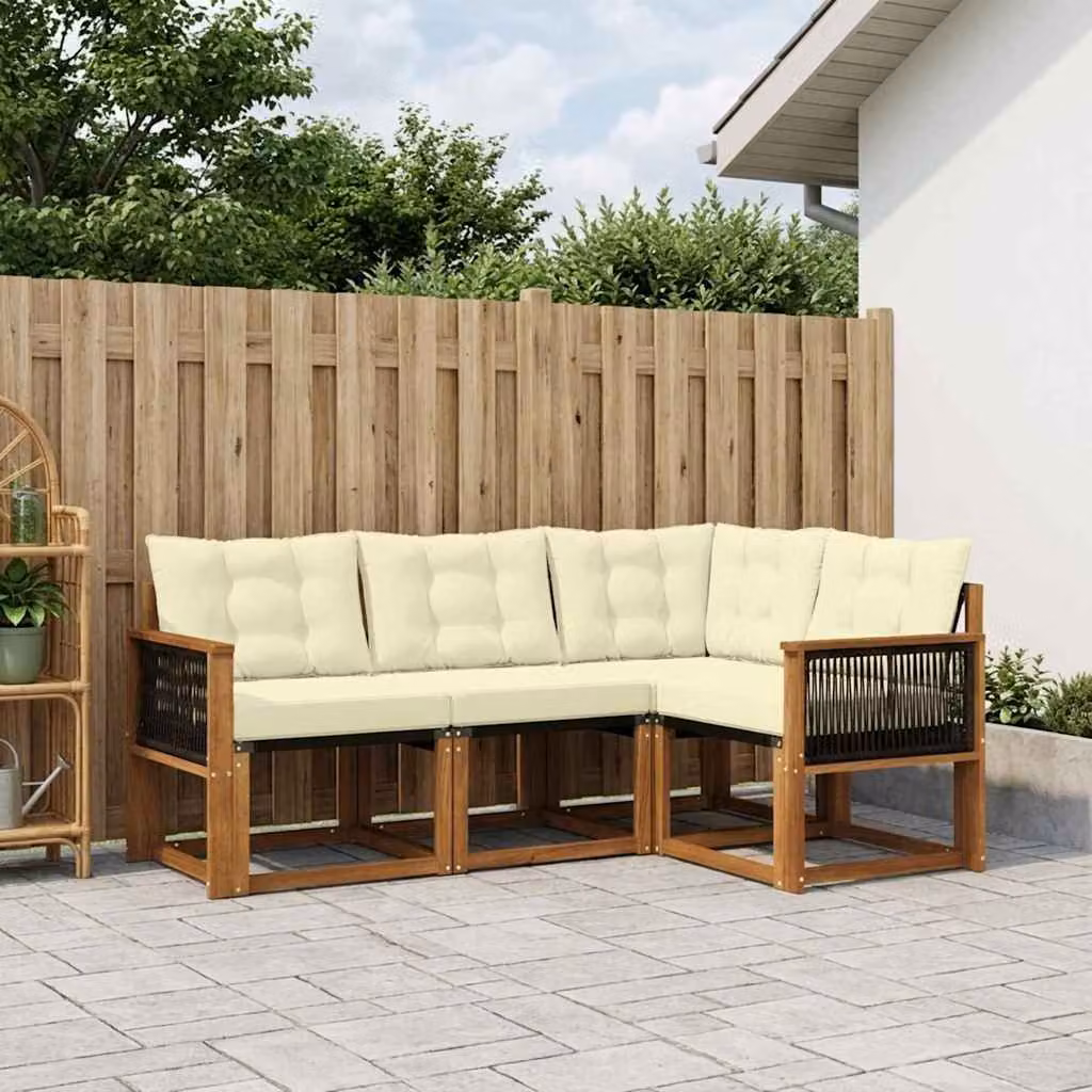 Set di divani da esterno vidaXL a forma di L in legno di acacia con cuscini beige e bianco