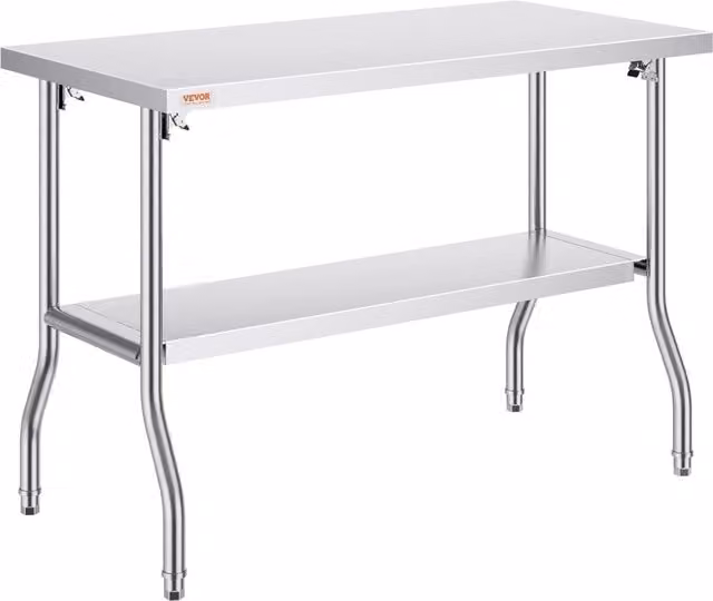 Tavolo da Lavoro Pieghevole in Acciaio Inox a 2 Piani, Banco da Cucina Robusto con Piedi Regolabili, Carico 130 kg, 122 x 61 x 85 cm