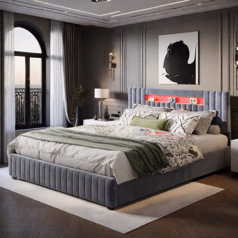 Letto imbottito ProximaX con illuminazione a LED, letto idraulico 160 x 200 cm, letto imbottito, testata a ripiani con contenitore, struttura letto con rete a doghe, confortevole, per camera da letto, camera degli ospiti, velluto, grigio