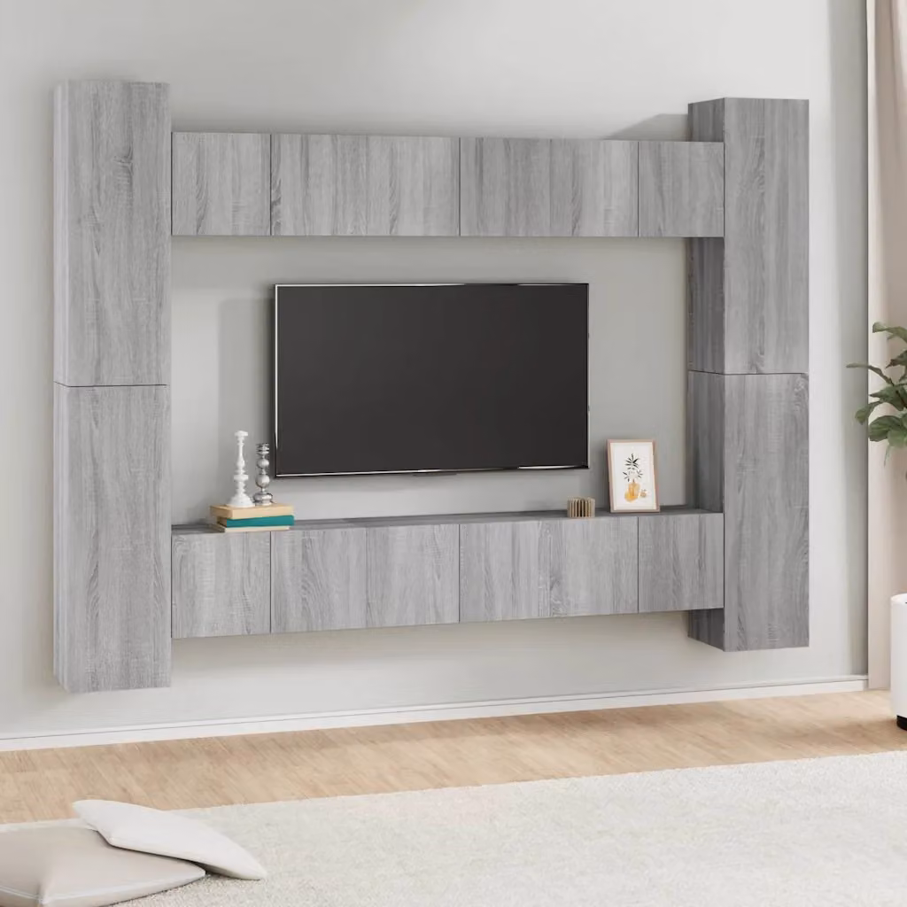 vidaXL Set Mobili Porta TV 10 pz Grigio in Legno Multistrato con Supporto a Parete – 1
