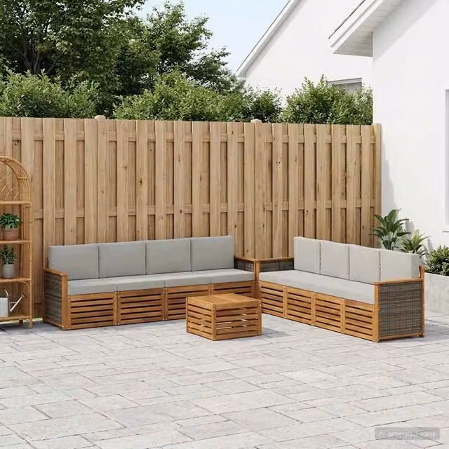 Set di mobili da giardino vidaXL composto da 9 pezzi in legno di acacia con divano a 3 posti, tavolino da caffè e cuscini in beige e grigio – 1