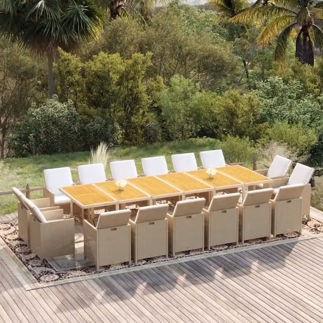 Set da pranzo da giardino vidaXL in legno di acacia oliato e polyrattan con 17 pezzi e cuscini beige, marrone e bianco – 1