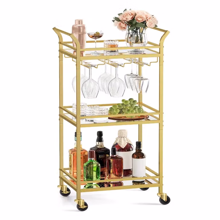 Carrello Cucina Portavivande con Ruote Maniglia Vetro a Specchio, Dorato