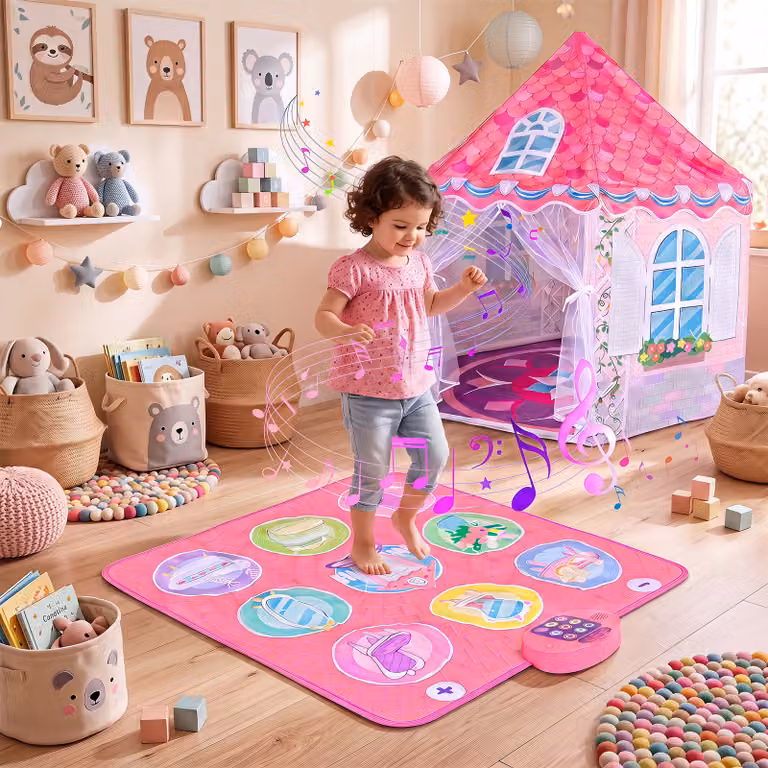 Tenda da gioco Costway a forma di casetta con tappeto da ballo in tessuto e rete per bambini, Rosa