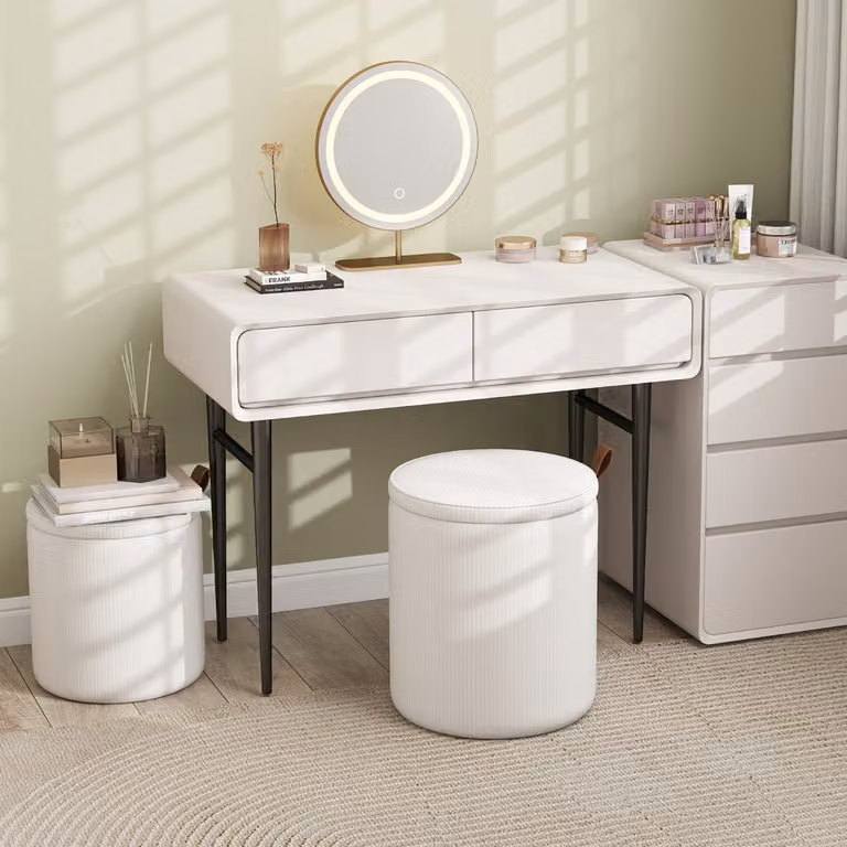 Set di 2 Pouf rotondi Costway con contenitore, sgabelli impilabili in velluto a coste bianco con coperchi removibili