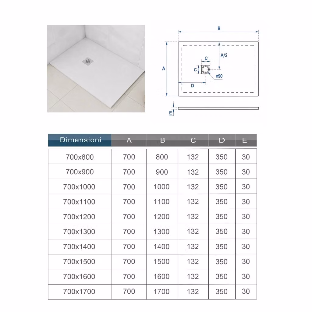 Piatto Doccia Rettangolare AICA ITALY Bianco in Pietra Artificiale e Mesina Mista con Effetto Ardesia Ruvido e Antiscivolo, L: 110 cm, P: 70 cm, H: 3 cm, con Piletta e Tubo inclusi – 2