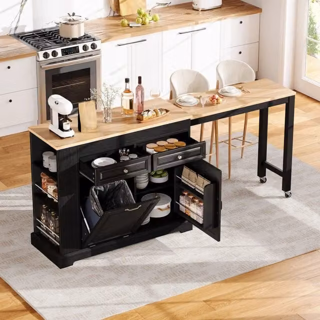 Isola da cucina su ruote con piano estraibile laterale da 112 a 180 cm; vano pattumiera e cassetti; nero