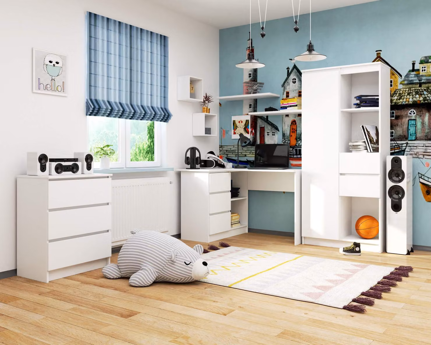 Scrivania angolare da 124 cm con 3 cassetti, scrivania per computer a forma di L, mobile angolare a 2 scomparti
