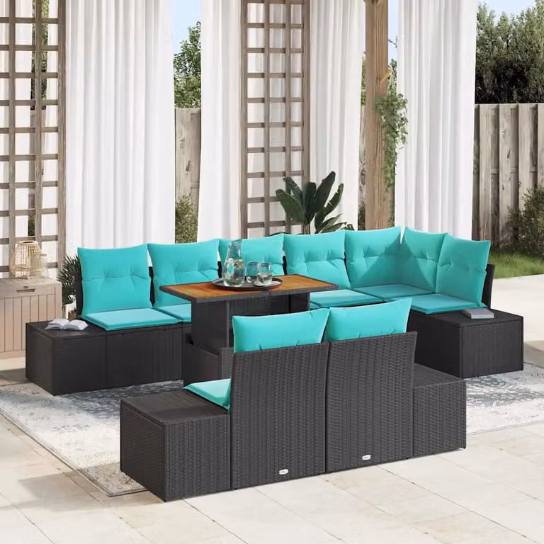 Set Divano da Giardino vidaXL a forma a U composto da 9 pezzi con Tavolino e Cuscini, Colore Nero e Turchese, Struttura in Metallo e Rattan