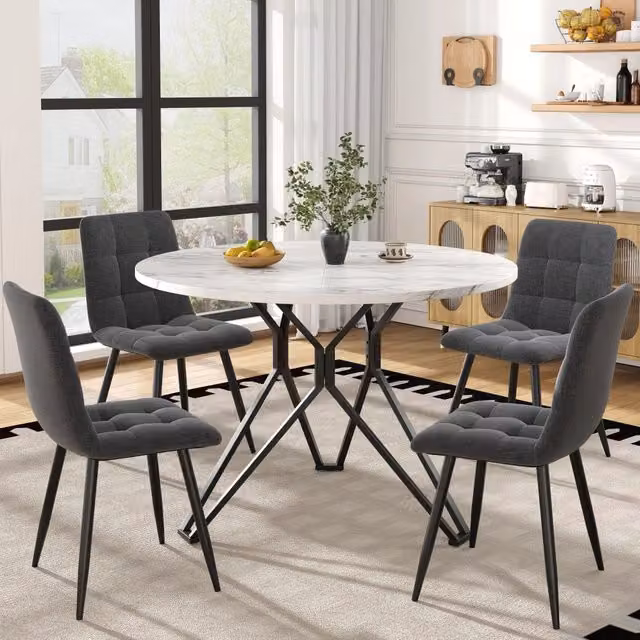 Set da pranzo MIVRAY composto da tavolo rotondo in MDF con motivo marmo e 5 sedie in lino grigio e nero, H 76 x L 100 x P 100 cm