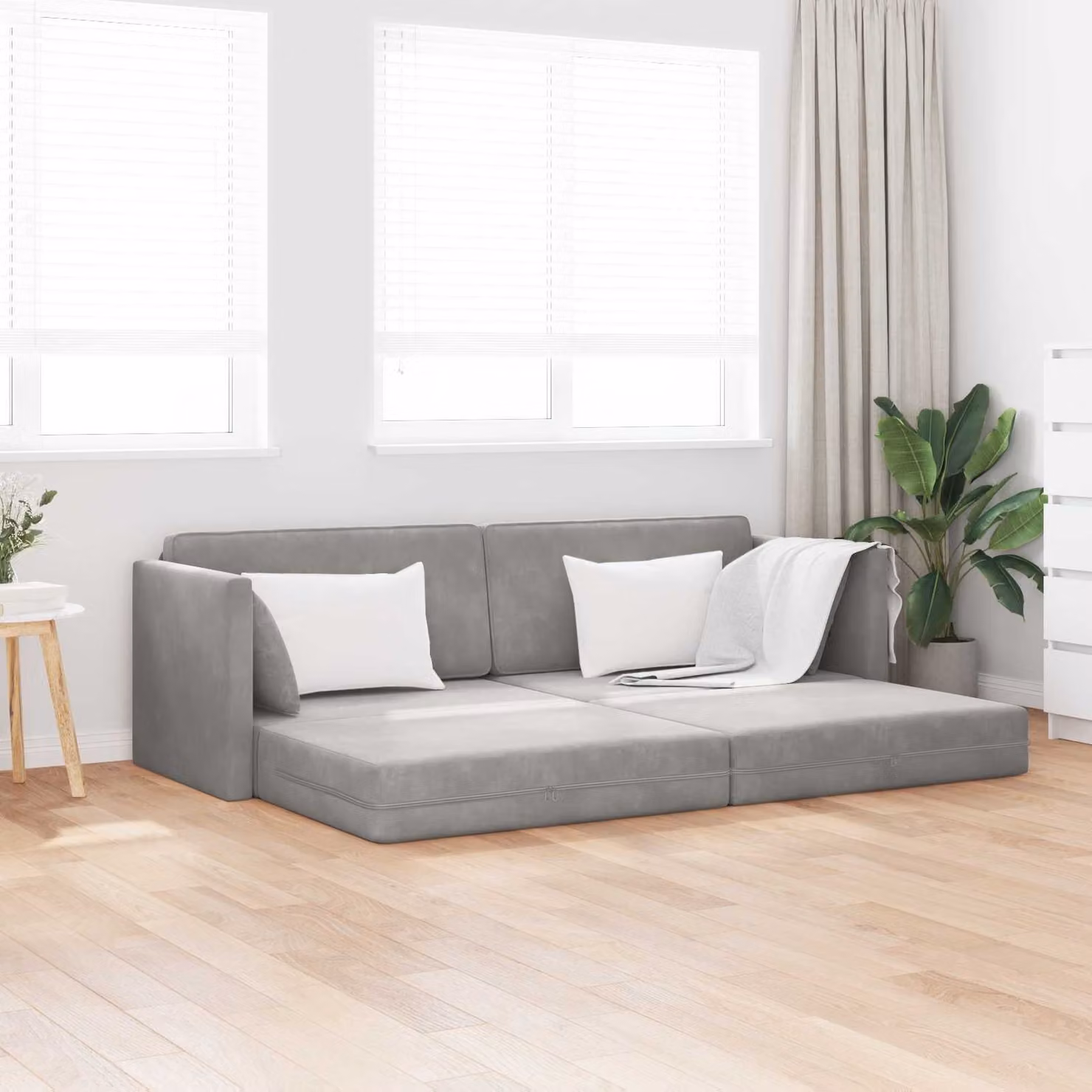 Divano-letto da pavimento vidaXL in tessuto grigio chiaro con funzione letto e cuscini inclusi L: 213 cm, P: 70 cm, H: 77 cm