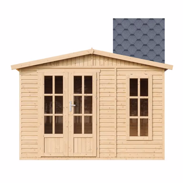 Casetta da giardino in legno 6 m2 - H232 x 332 x 222 cm - Grande casetta da giardino multifunzionale - Casetta per attrezzi in legno da giardino - Tegole bituminose grigie - TIMBELA M334FB+H334FBGREY
