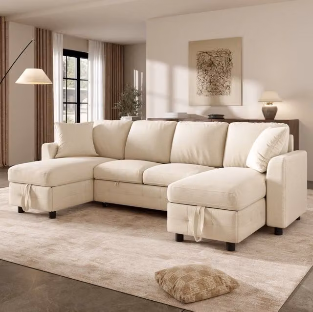 Divano letto angolare MODFU beige con funzione letto e ricarica USB, L/P/H: 260 x 128 x 82 cm