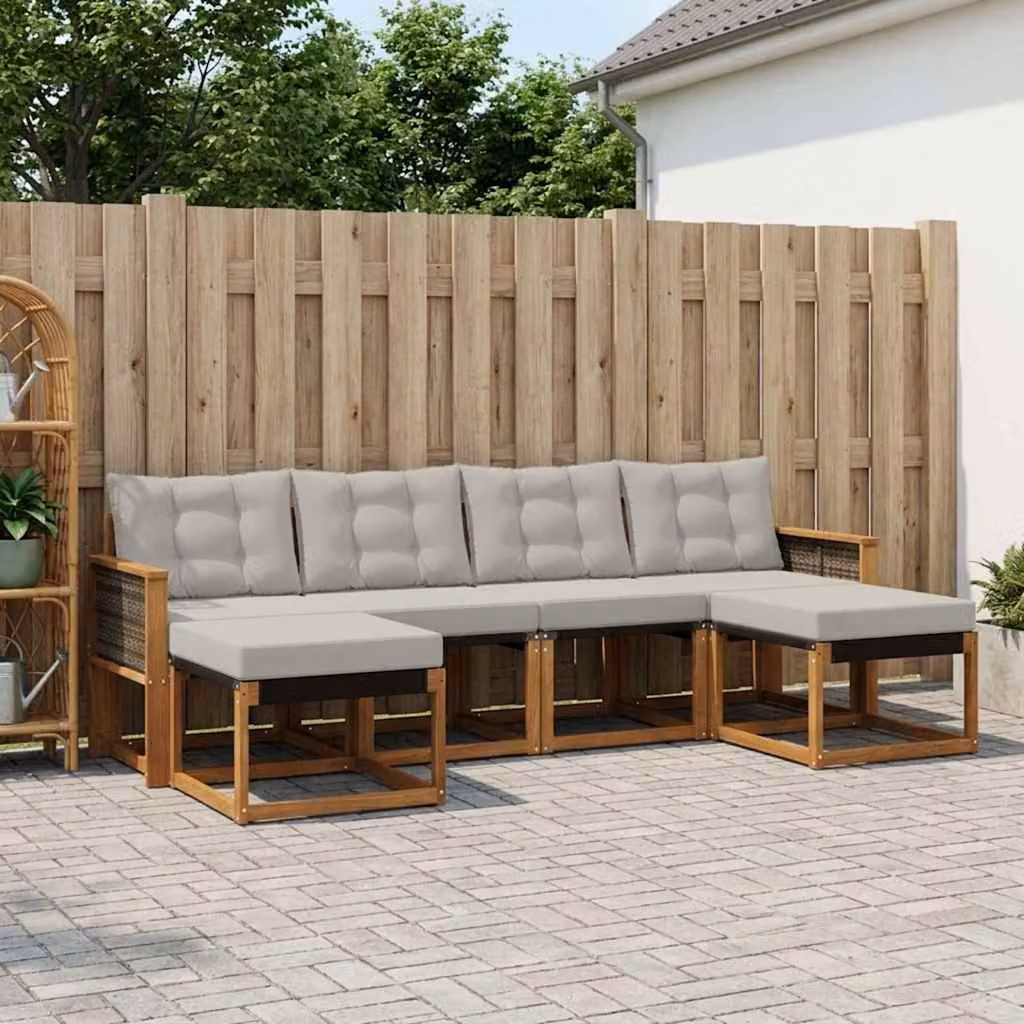 Set di divani da esterno vidaXL a forma di L composto da 6 pezzi in legno di acacia con sedute in textilene e cuscini, colori beige, grigio e marrone