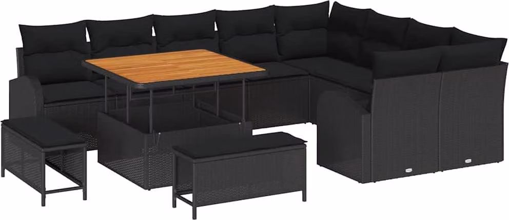 Set Divano da Giardino con cuscino 12 pcs Nero polyrattan