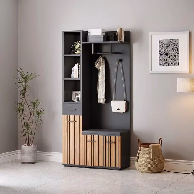 Set Appendiabiti Ingresso con Panca Portascarpe ¨C Minimal ¨C Nero Rovere 80x35x175cm