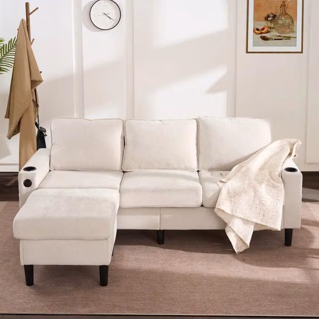 Divano letto L 3 posti ¨C Minimal ¨C Beige tessuto con porte USB e porta bibite