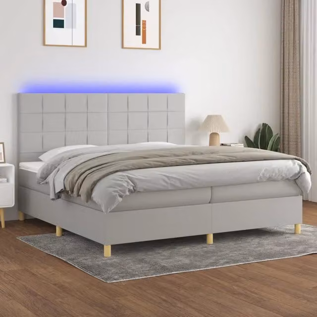 Letto moderno vidaXL con materasso a molle, illuminazione LED sottostante e porte USB, Grigio e Bianco, L 200 cm x P 200 cm x H 31 cm