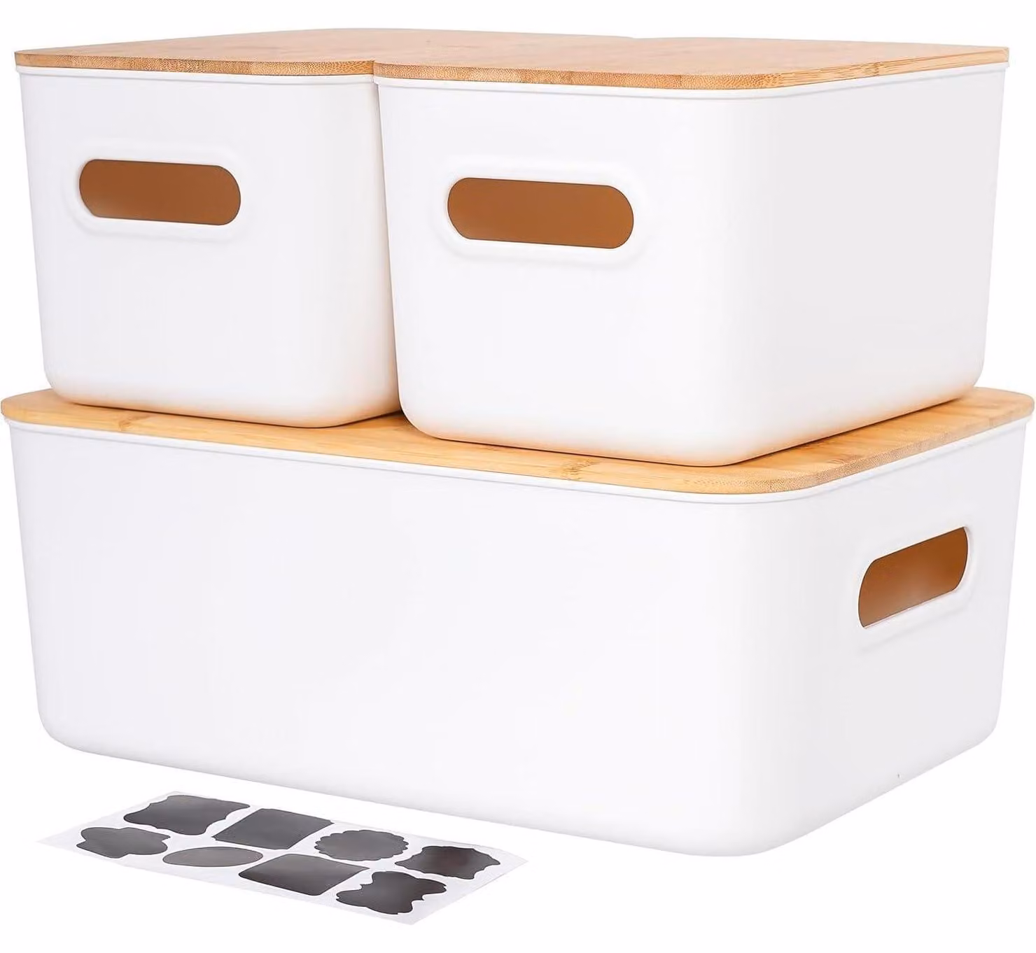 Set di 3 contenitori con coperchio in bambù, colore bianco, in plastica impilabile, con maniglie, capacità: 6,5L + 13L