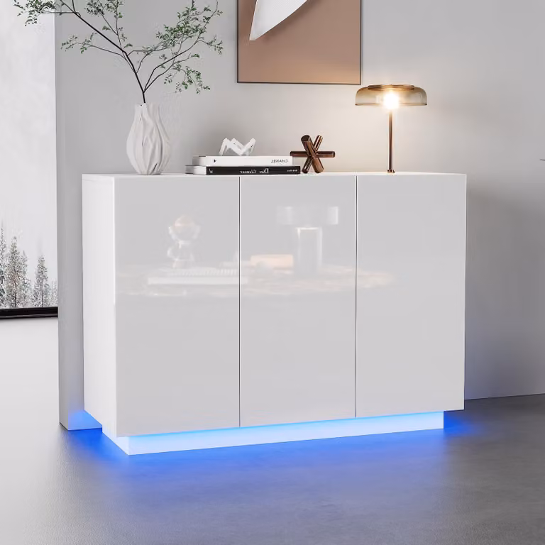 Mobile bar/contenitore bianco lucido, con elementi a giorno e chiusi, illuminazione a LED nella base, design moderno